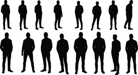 Vector illustration of standing male silhouettes, casual man poses, black shadow figures, fashion posture, confident stance, urban style concept