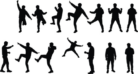 Young man silhouette poses, jumping, standing, dancing, gesture actions, dynamic vector illustration for urban lifestyle, attitude, casual fashion design