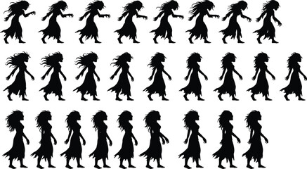 Zombie woman silhouette vector collection, horror female walking poses, creepy undead figure, Halloween spooky character illustration, black design element