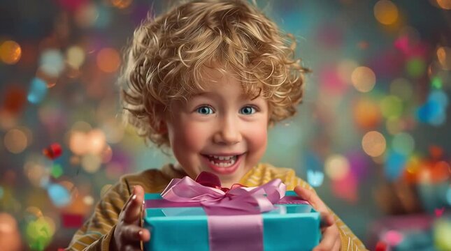 Child overjoyed receiving birthday gift. Push in. Slow motion. 4K.
