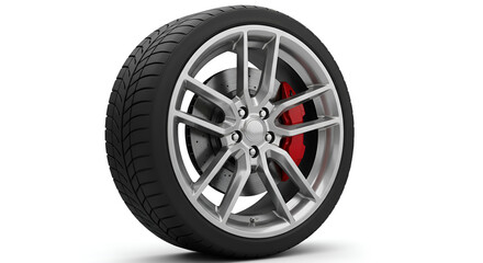 Obraz premium Modern car wheel with silver rim and red brake caliper isolated on white