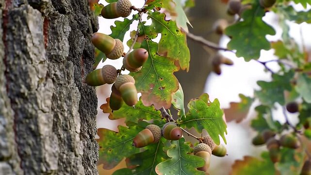 Close-up oak tree with acorns, bark, and leaves in autumn