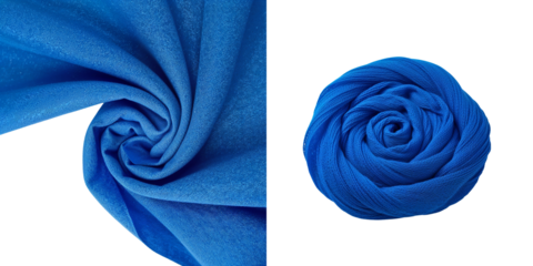 Vibrant Blue Fabric Swirl. Photorealistic Detail, Rolled Textile Texture, Rich Blue Hue, Abstract Textile Art, Backgrounds, Fashion Design, Interior Decor