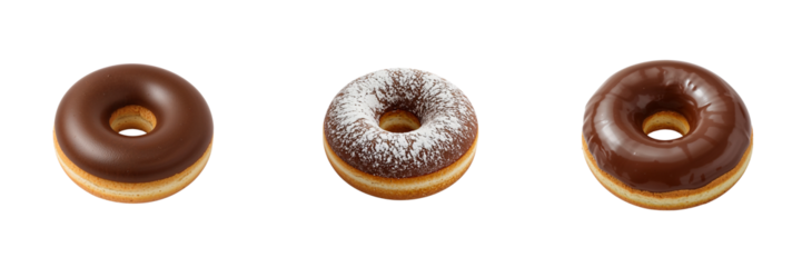 Chocolate Donuts (Matte, Glossy, Powdered). Photorealistic isolated, rich brown, sweet bakery treat, dessert variety, food advertising, menu design