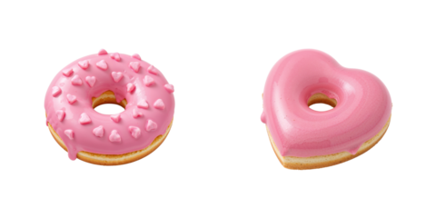 Pink Heart Donut & Round Donut (with Heart Sprinkles). Photorealistic isolated, Pink, Sweet Dessert, Love, Valentine's Day, Bakery Marketing, Food Advertising
