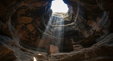 Sunlit Cave Paintings in a Rocky Canyon