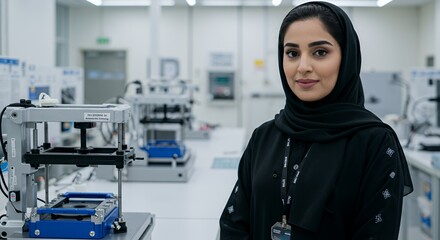 Confident Emirati female scientist in a modern lab, focused and ready for innovation.