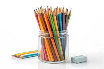 Fototapeta premium Colorful pencils in a glass jar with an eraser isolated on white background