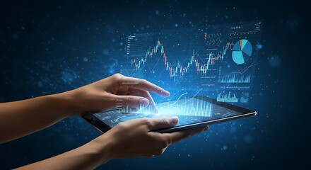 Hands interacting with an augmented reality financial dashboard on a tablet. (AI Generated)