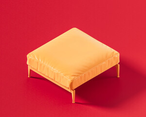 A modern, square orange upholstered ottoman or footrest with slender, splayed legs, providing a versatile and minimalist accent on a red background., 3d render