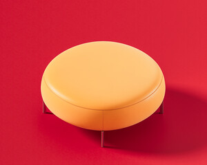 A sleek, modern round orange ottoman or pouf with slender metallic legs, versatile and minimalist accent on a red background., 3d render