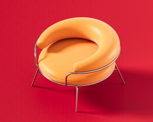 Orange round chair with a crescent-shaped backrest and a minimalist metal frame, offering a distinctive and artistic design on red. Single color furniture, 3d render