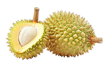 A Whole Durian Fruit Next To A Sliced Durian Revealing Its Creamy White Flesh And Seed