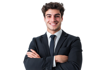Confident Young Businessman With Arms Crossed Looking At Camera With A Warm Smile He Is Wearing A Black Suit And Tie Against A Transparent Background
