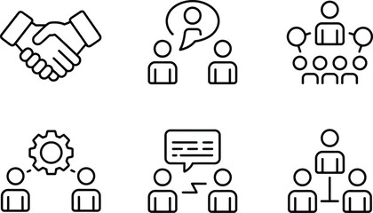 Six Black Line Icons Teamwork Communication Collaboration