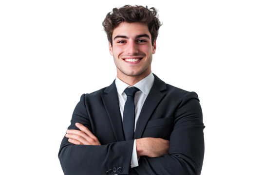 Confident Young Businessman With Arms Crossed Looking At Camera With A Warm Smile He Is Wearing A Black Suit And Tie Against A Transparent Background