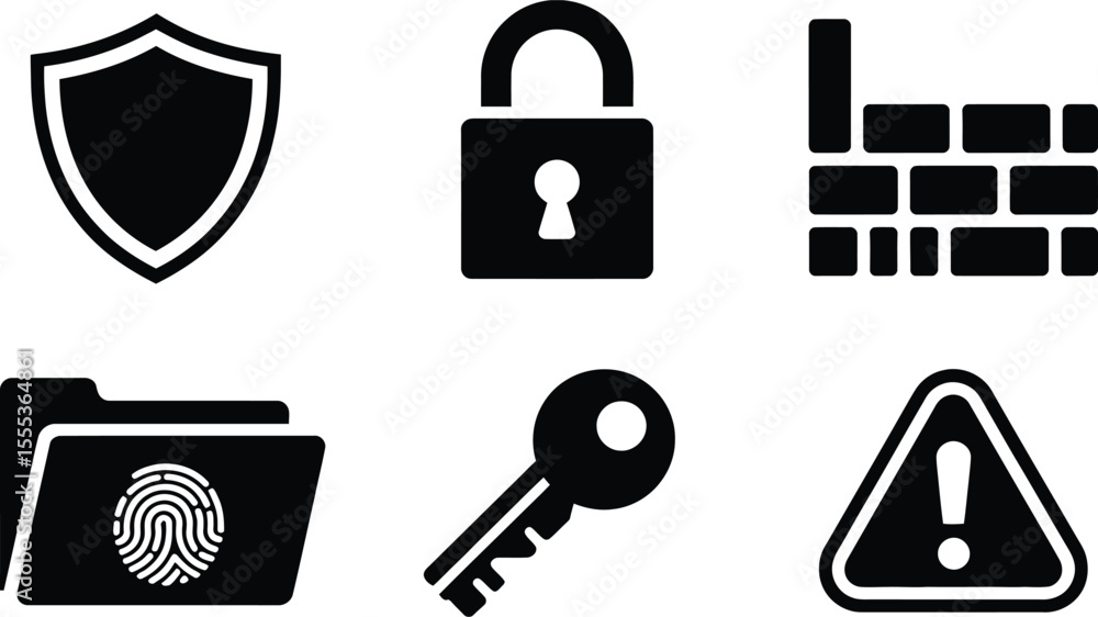 Poster black security icons set shield lock key fingerprint firewall warning