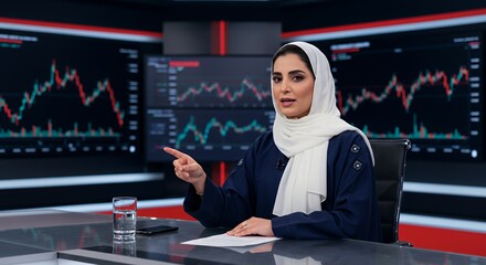 Confident Female Anchor Delivers Financial News in Modern Studio