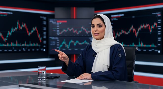 Confident Female Anchor Delivers Financial News in Modern Studio