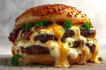 Juicy Double Cheeseburger With Melted Cheese And Bacon On Seed Bun