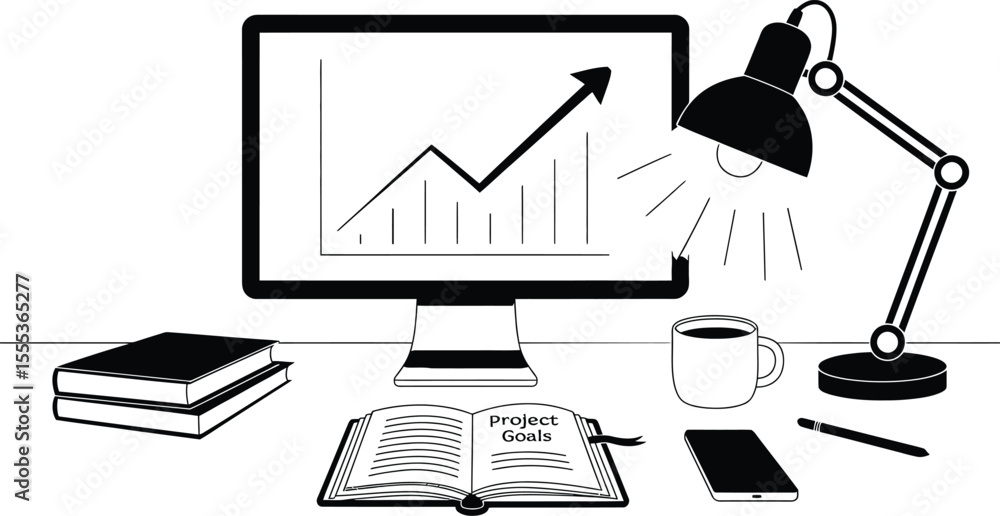 Poster black and white desktop workspace showing upward trending graph on computer screen
