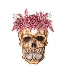 Human skull roses grass and butterfly wreath watercolor