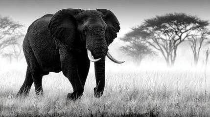 Naklejka premium Majestic Elephant In Monochromatic Savanna Landscape