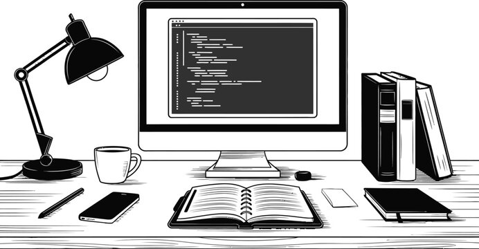 Desk Setup with Computer Code Notebook and Books monitor