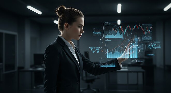 Businesswoman analyzing futuristic holographic financial data interface. (AI Generated) - Powered by Adobe