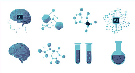 set of icons related to artificial intelligence, science, and biotechnology. The collection includes symbols of a human brain with an AI chip, 
