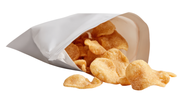 Crispy potato chips spilling from a white bag on a transparent background.