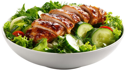 Delicious grilled chicken salad with fresh vegetables in a white bowl, perfect for healthy meals.