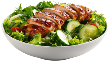 Delicious grilled chicken salad with fresh vegetables in a white bowl, perfect for healthy meals.