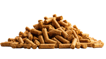 Pile of animal feed pellets, brown color, isolated on white background.