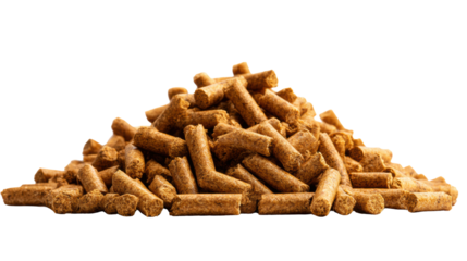 Pile of animal feed pellets, brown color, isolated on white background.