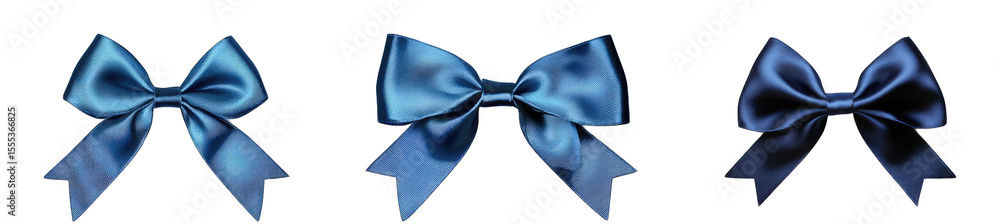 Poster three blue satin bows tied with a single loop isolated on a transparent background