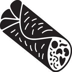 Isolated black and white graphic illustration of a burrito with visible filling design element