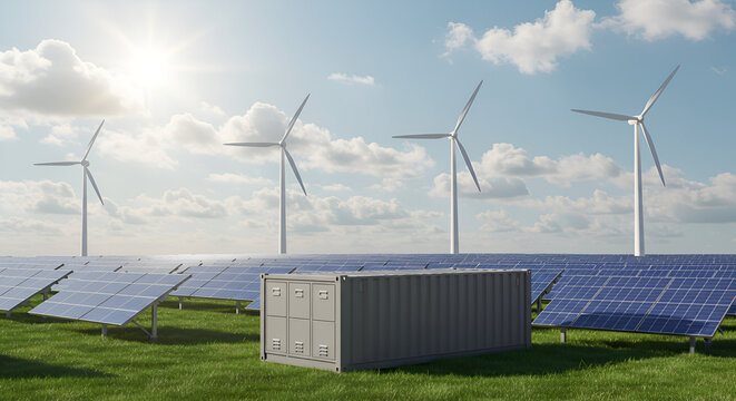 Sustainable future: Solar panels, wind turbines, and energy storage container