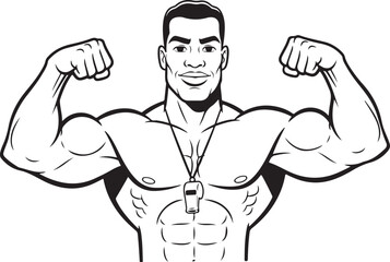 Gym Trainer Character Logo – Black and White Ink Line Art