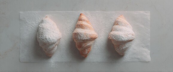 Three Delicious Croissants On Baking Paper