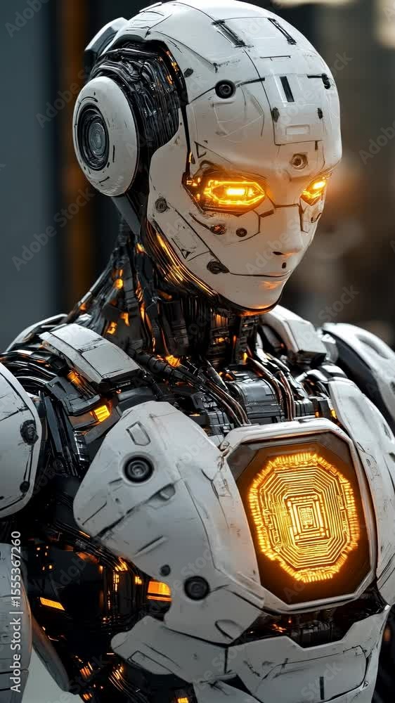 Poster a highly detailed robotic android with glowing eyes and circuit board design.