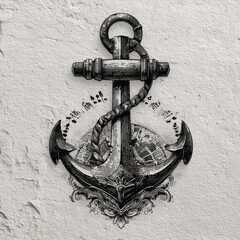 Vintage Black And White Anchor Illustration With Rope And Nautical Details On Textured Background