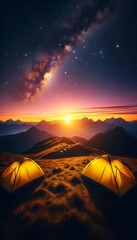 Golden Sunrise Camping: Tents Under Milky Way & Mountain Landscape