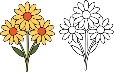 Yellow daisy flowers with orange centers and green stems on white background vector illustration