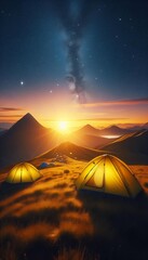 Wilderness Serenity: Illuminated Tents, Majestic Peaks, Cosmic Sky