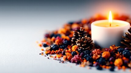White Candle Burning Amongst Dried Plants and Pine Cones On Gray Background