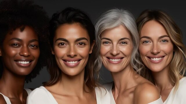 Four women of diverse ages and ethnicities smiling together in a close up portrait shot in studio
