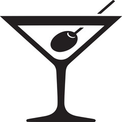 A black and white graphic illustration of a martini glass with an olive on a white background