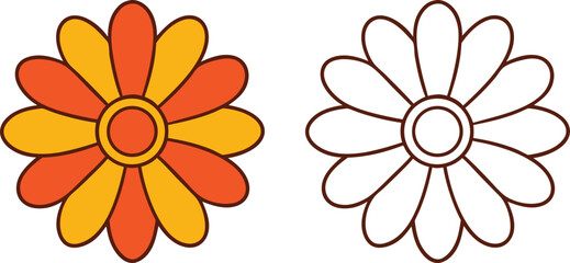 Retro Flower Illustration with Orange Yellow Petals and Brown Outline on White Background