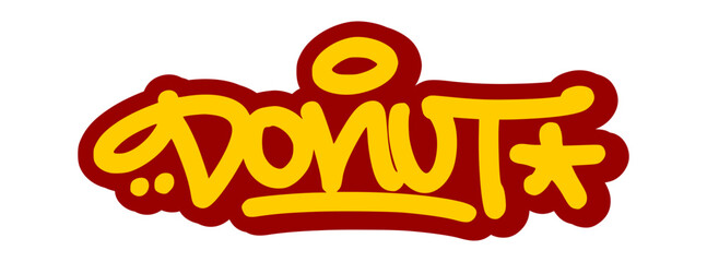 Vector graffiti tag illustration of the word "donut" in bold yellow with red line accents. Hand-drawn street art lettering on transparent background. Sweet, fun, and food-inspired urban expression.
